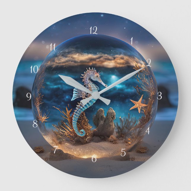 Seahorse and Starfish Beach Coastal Wall Clock Art (Front)