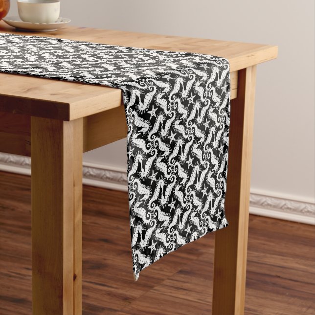 Seahorse and Starfish - Black and White Pattern Medium Table Runner (In Situ)