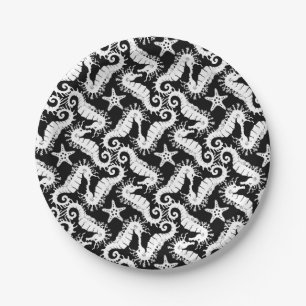 Seahorse and Starfish - Black and White Pattern Paper Plate