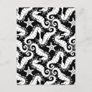 Seahorse and Starfish - Black and White Pattern Postcard