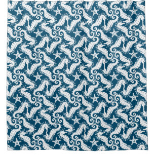 Seahorse and Starfish - Blue Sealife Pattern Shower Curtain