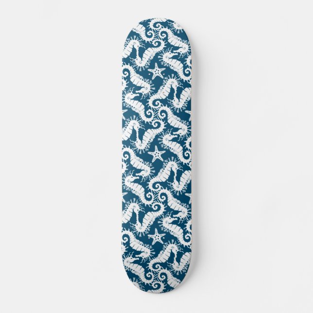 Seahorse and Starfish - Blue Sealife Pattern Skateboard (Front)