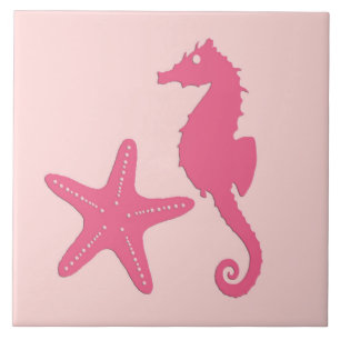Seahorse and starfish - coral pink tile