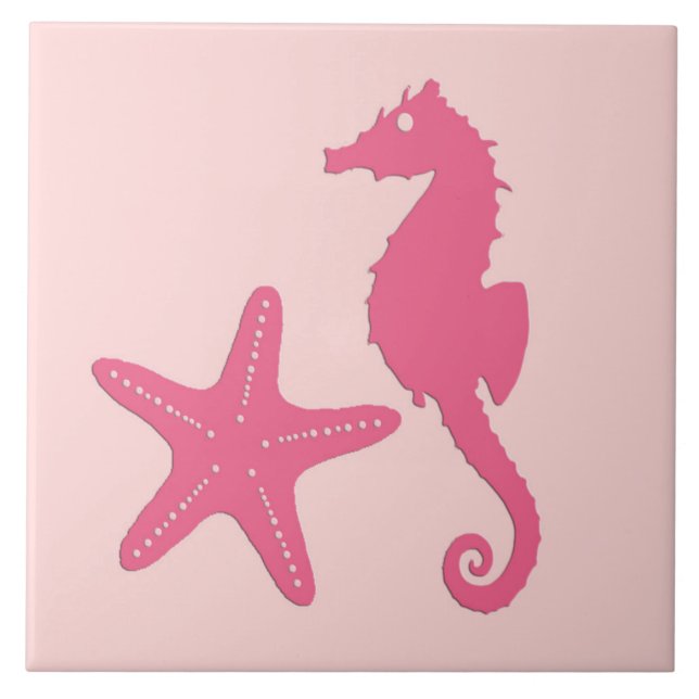Seahorse and starfish - coral pink tile (Front)