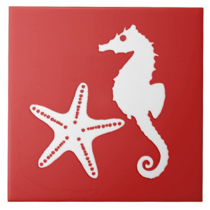Seahorse and starfish - dark coral red and white tile