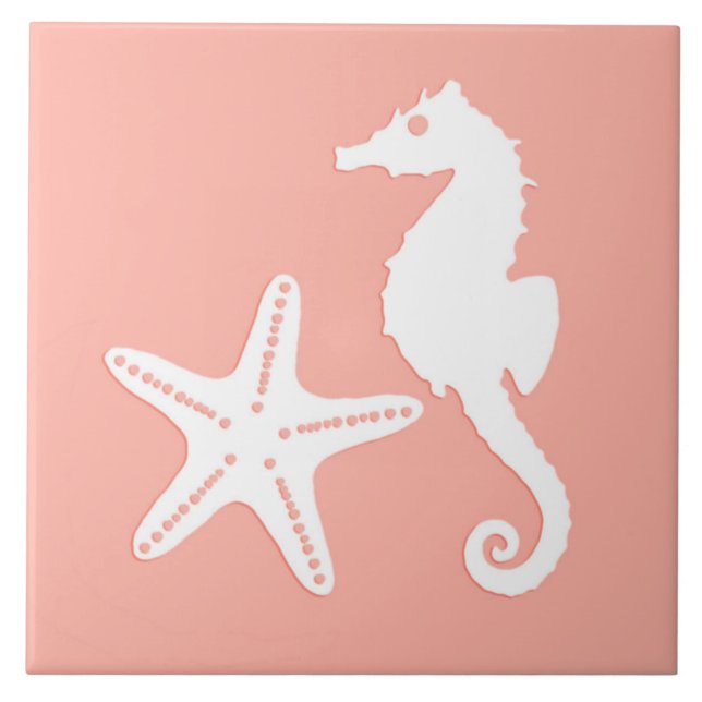 Seahorse and starfish - Light Coral Pink Tile (Front)