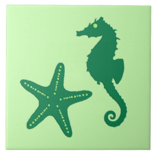 Seahorse and starfish - lime and emerald green tile