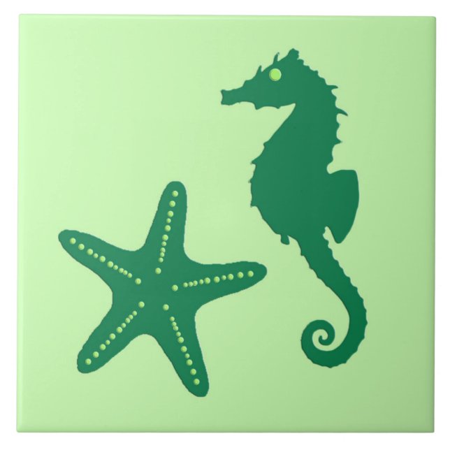 Seahorse and starfish - lime and emerald green tile (Front)