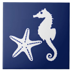 Seahorse and starfish - navy blue and white tile
