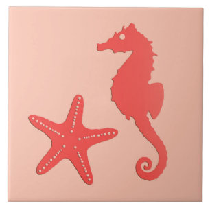 Seahorse and starfish - shades of coral orange tile