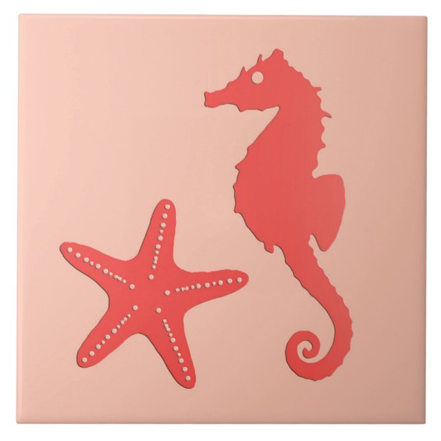 Seahorse and starfish - shades of coral orange tile (Front)