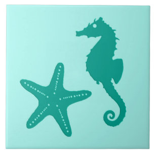 Seahorse and starfish - turquoise and aqua tile