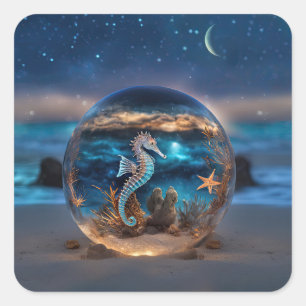 Seahorse and Starfish Underwater Beach Surreal Square Sticker