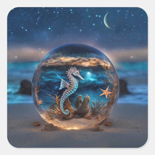 Seahorse and Starfish Underwater Beach Surreal Square Sticker (Front)