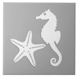 Seahorse and starfish - white on silver grey tile