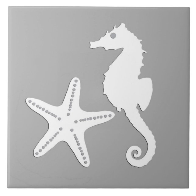 Seahorse and starfish - white on silver grey tile (Front)