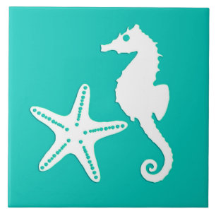 Seahorse and starfish - white on turquoise tile