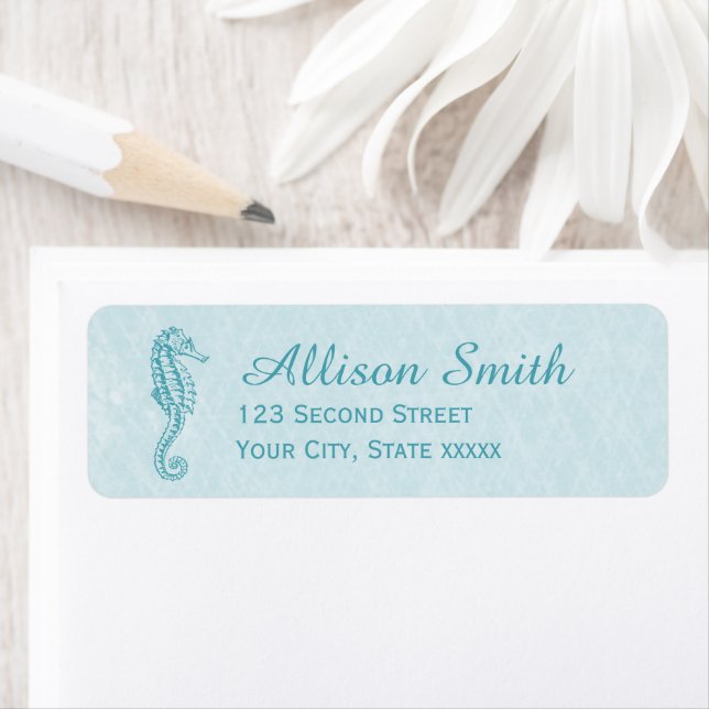 Seahorse Aqua Blue Beach Return Address Labels (Insitu)