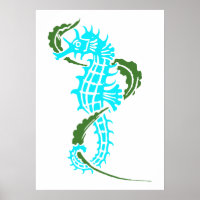 Seahorse aqua blue, green and seaweed