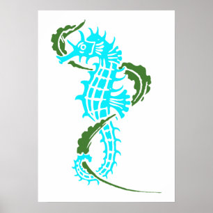 Seahorse aqua blue, green and seaweed poster