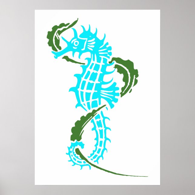 Seahorse aqua blue, green and seaweed poster (Front)