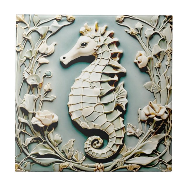 Seahorse Art Nouveau Faux Relief Left facing Mint Tile (Front)