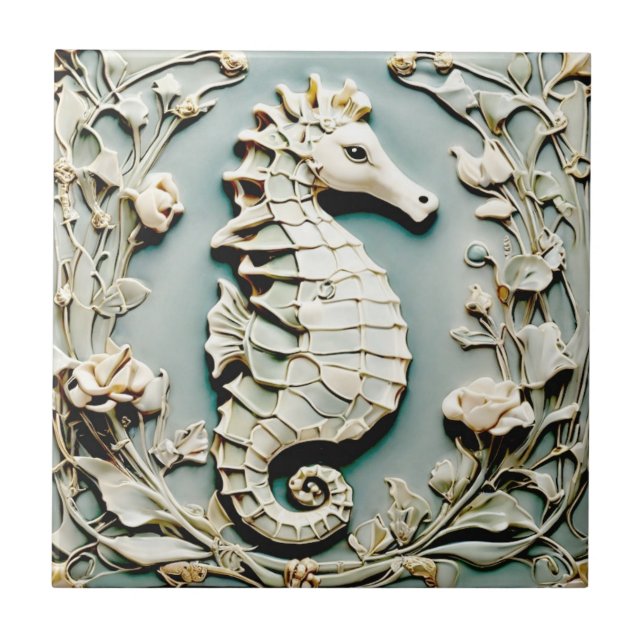 Seahorse Art Nouveau Faux Relief Right facing Mint Tile (Front)