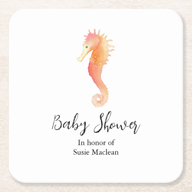 Seahorse Baby Shower Napkin Square Paper Coaster (Front)