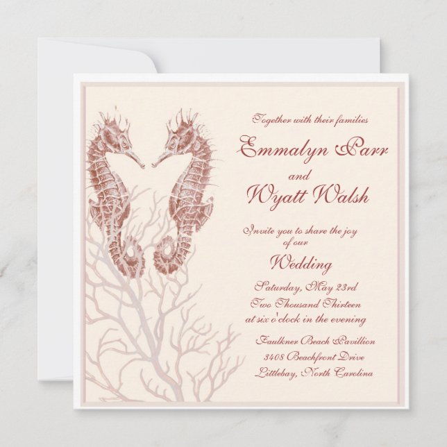 seahorse beach -  brown wedding invitation (Front)