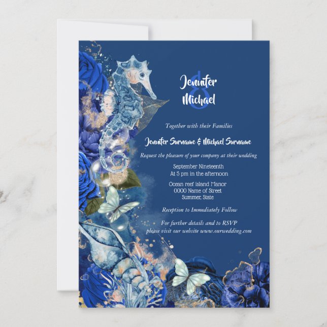 Seahorse beach butterfly blue orange wedding invitation (Front)