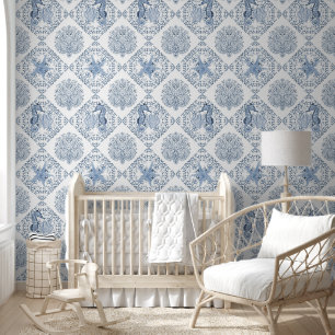 Seahorse Beach Coastal Blue and White Geometric Wallpaper