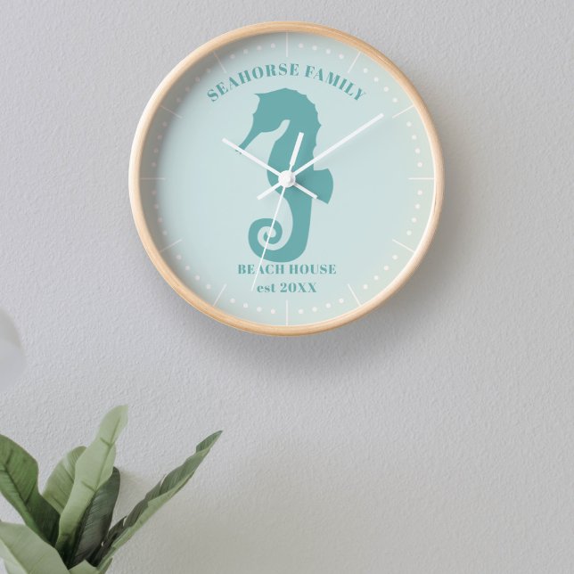 Seahorse Beach House Year Est Wall Clock (A fun clock for your beach house featuring a seahorse silhouette. Just add your name and year)