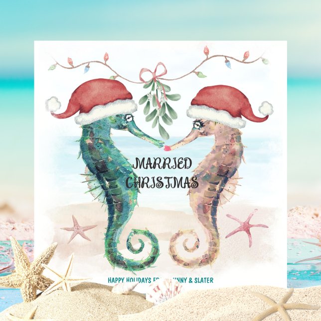 Seahorse Beach Mistletoe Kiss Married Christmas Holiday Card (Creator Uploaded)