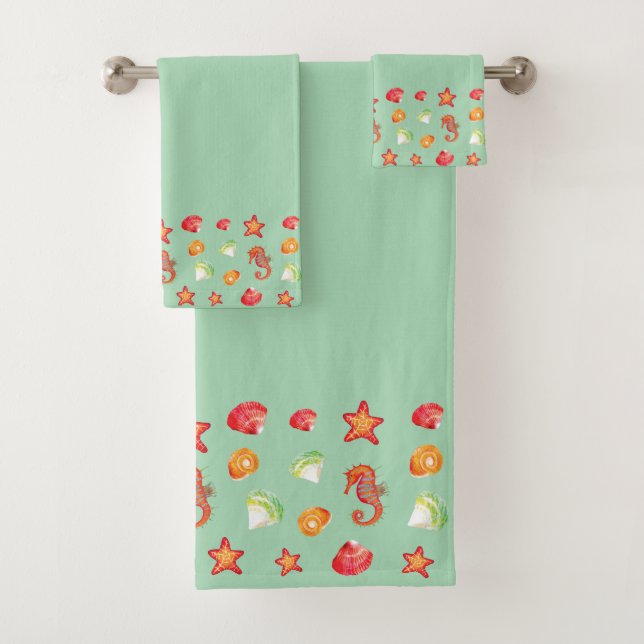 Seahorse Beach Sea Green Bath Towel Set (Insitu)