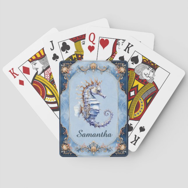 Seahorse beach theme blue ivory game night  playing cards (Back)