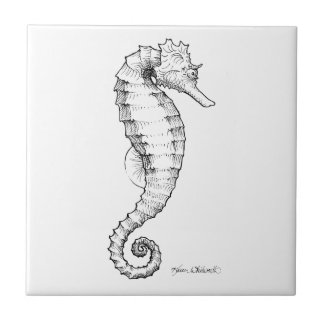 Seahorse Black and White Drawing Tile