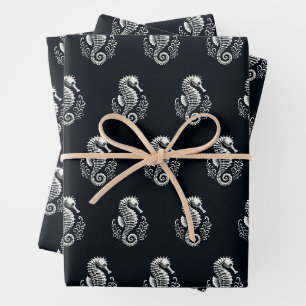 Seahorse Black and White Wrapping Paper Sheet
