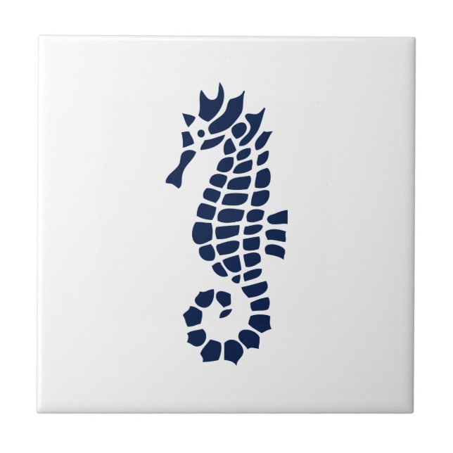 Seahorse Blue and White Coastal Ceramic Tile (Front)