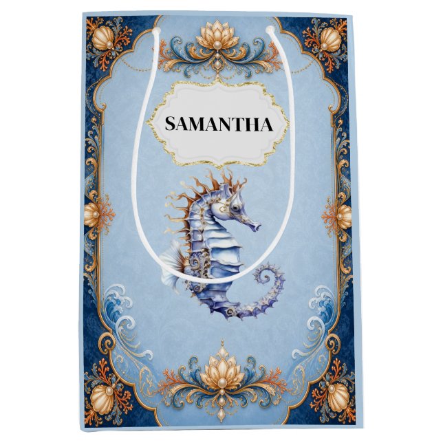 Seahorse blue beach theme celebration medium gift bag (Front)