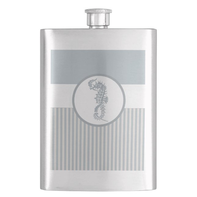 Seahorse Blue Classic Nautical Elegant Hip Flask (Front)