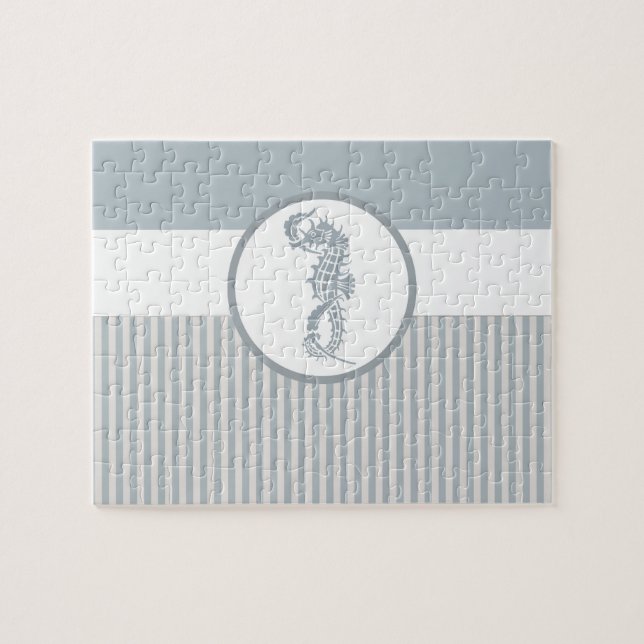 Seahorse Blue Classic Nautical Elegant Jigsaw Puzzle (Horizontal)