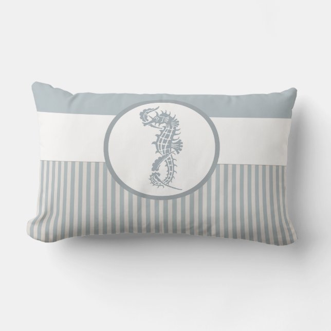 Seahorse Blue Classic Nautical Elegant Lumbar Cushion (Front)