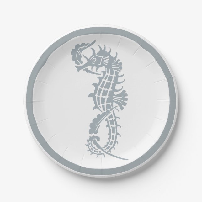 Seahorse Blue Classic Nautical Elegant Paper Plate (Front)