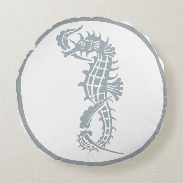 Seahorse Blue Classic Nautical Elegant Round Cushion (Front)