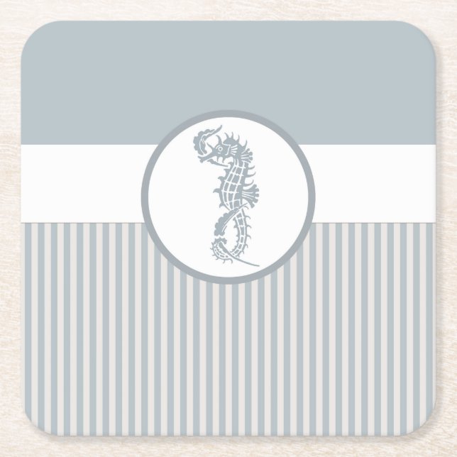 Seahorse Blue Classic Nautical Elegant Square Paper Coaster (Front)