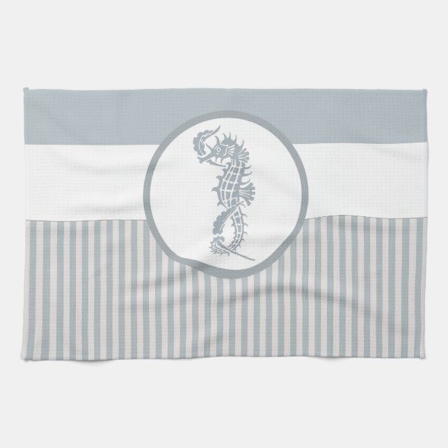 Seahorse Blue Classic Nautical Elegant Tea Towel (Horizontal)