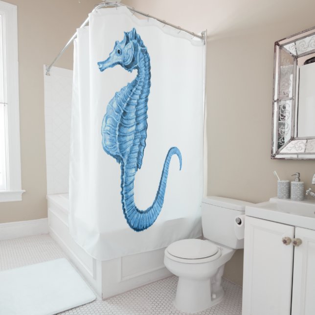 Seahorse blue coastal nautical watercolor shower curtain (In Situ)