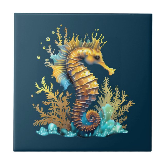 Seahorse blue gold nautical marine beach chic tile (Front)