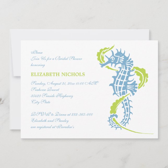 Seahorse blue, green wedding bridal shower invitation (Front)