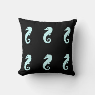 SEAHORSE  blue on black  pillow
